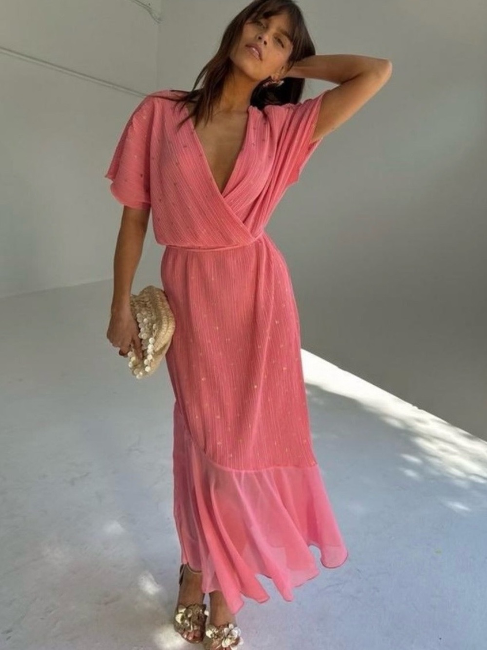 Never Fully Dressed Coral Pink Wrap Midi Dress